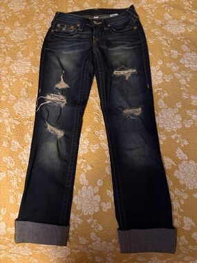 True Religion Slim Straight Jeans Size 25 Dark Wash Distressed Flap Pocket